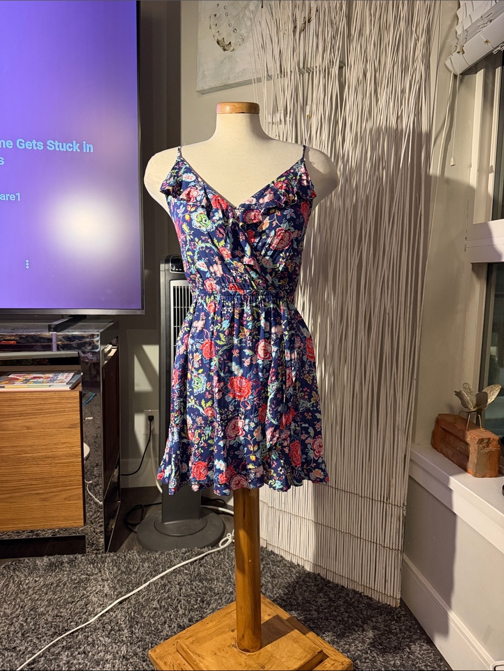 Navy Floral Spaghetti-Strap Ruffled Mini Dress - Picture 3 of 3